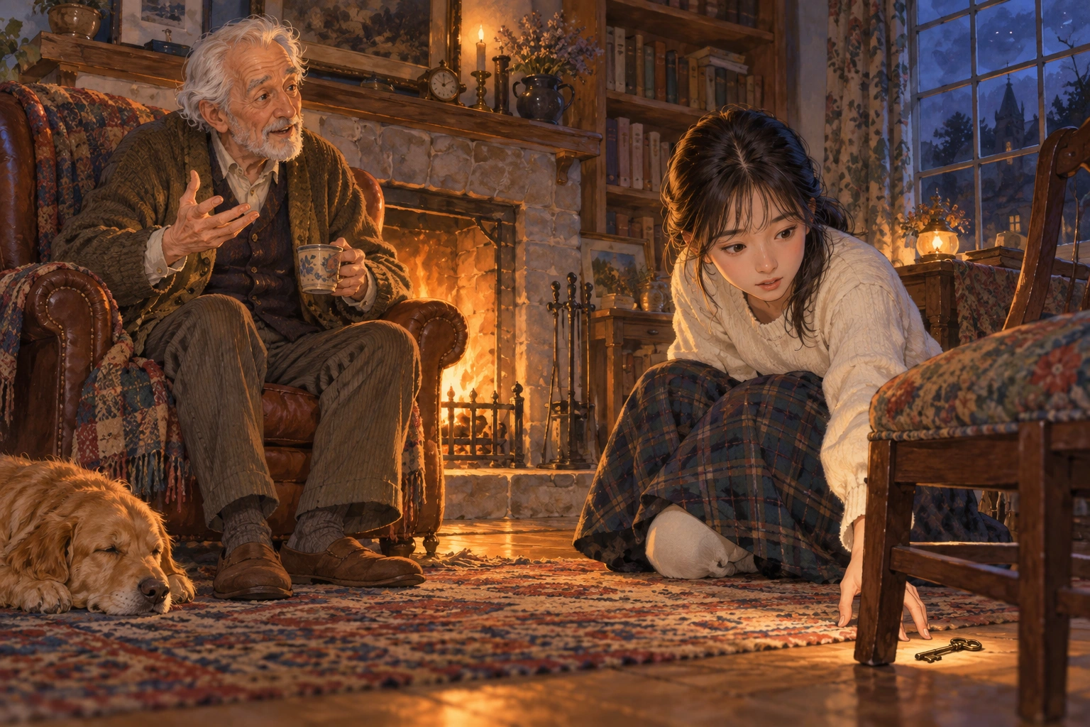 벽난로 앞에서 이야기를 듣는 아이 장면을 그린 자체 제작 삽화