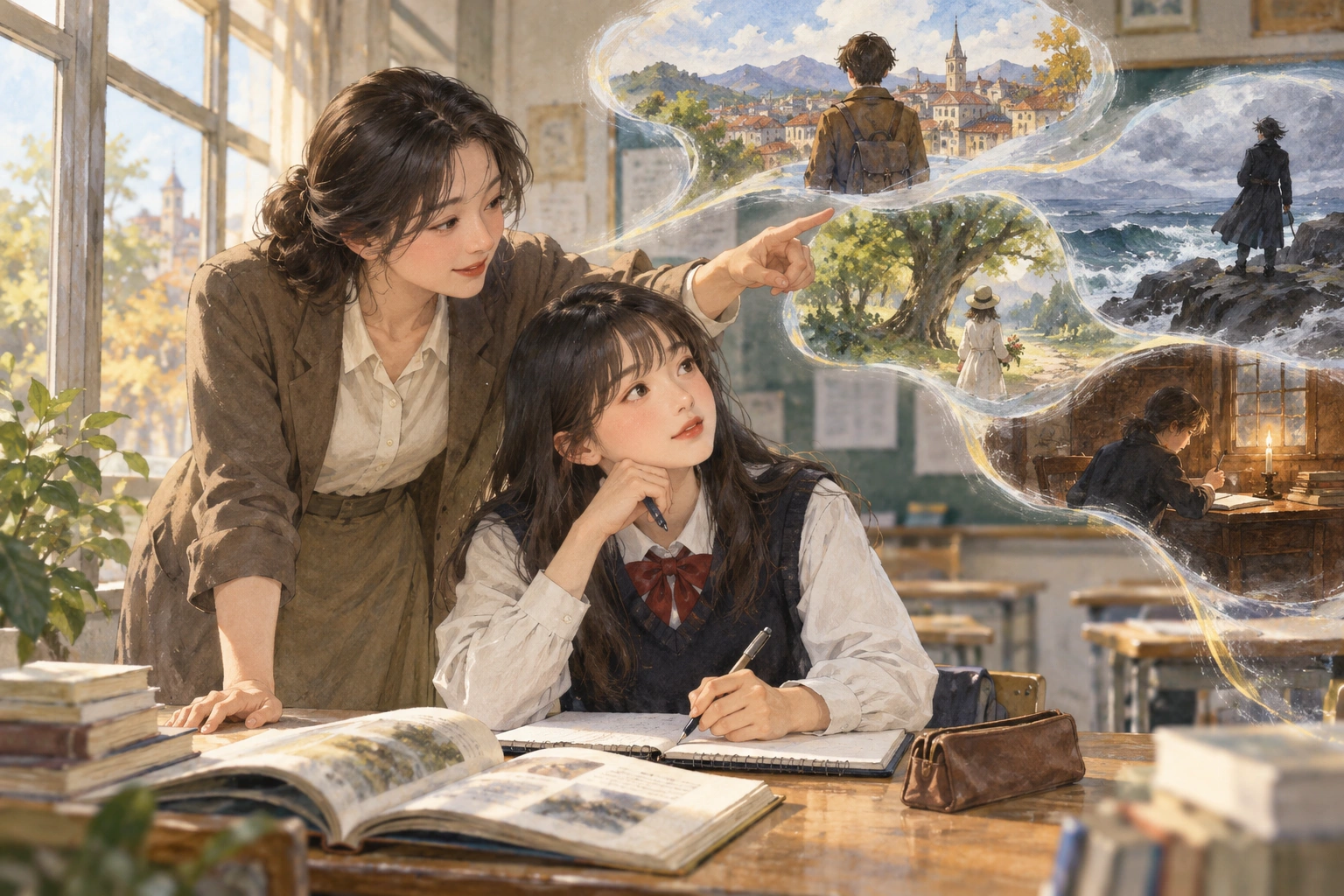 여러 풍경을 떠올리며 책을 읽는 학생 장면을 그린 자체 제작 삽화