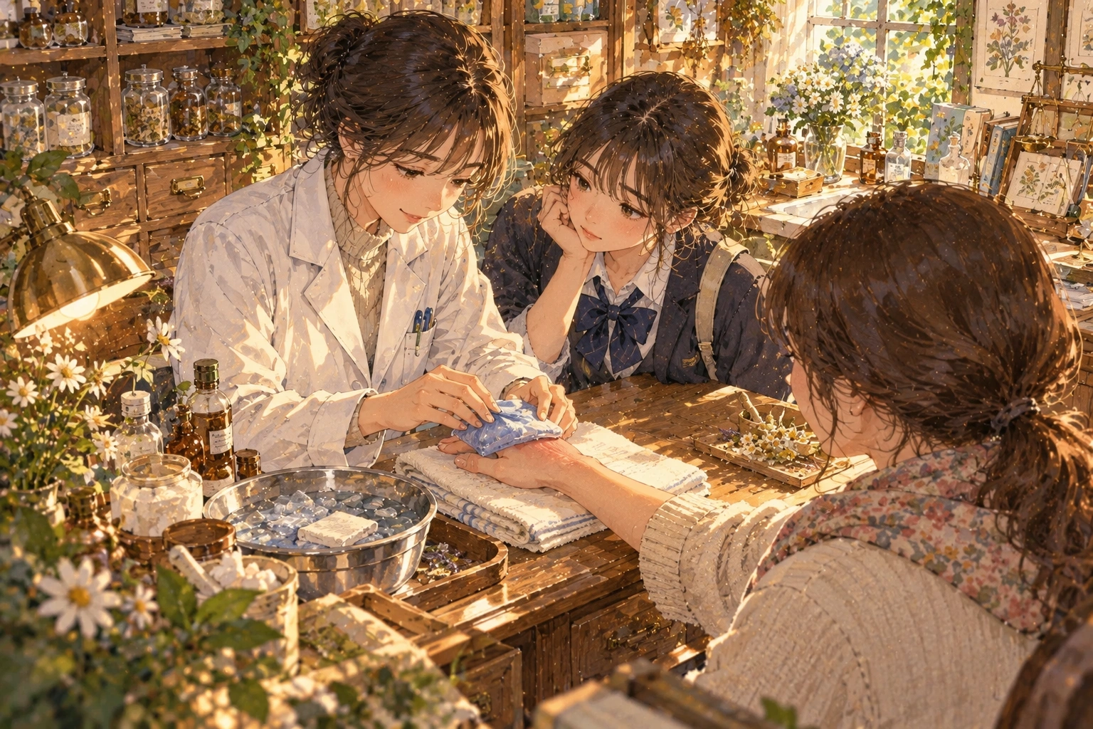 진료실에서 환자의 상태를 기록하는 의료진 장면을 그린 자체 제작 삽화
