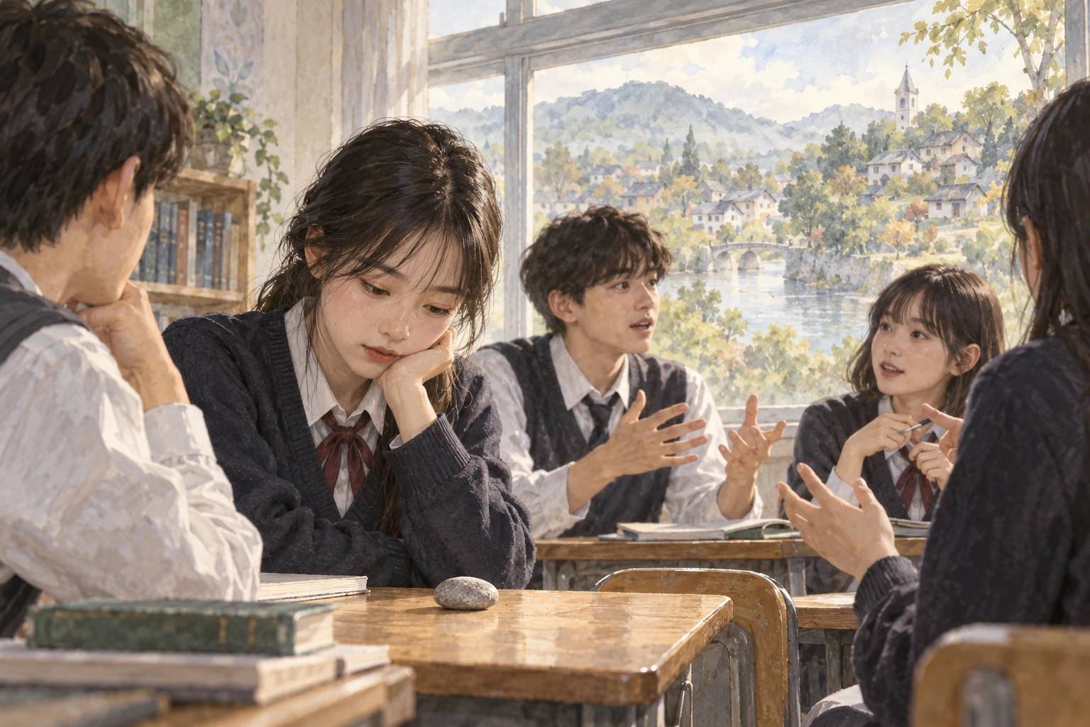 문학 수업에서 학생들이 작은 돌과 이야기의 장면을 근거로 토론하는 장면