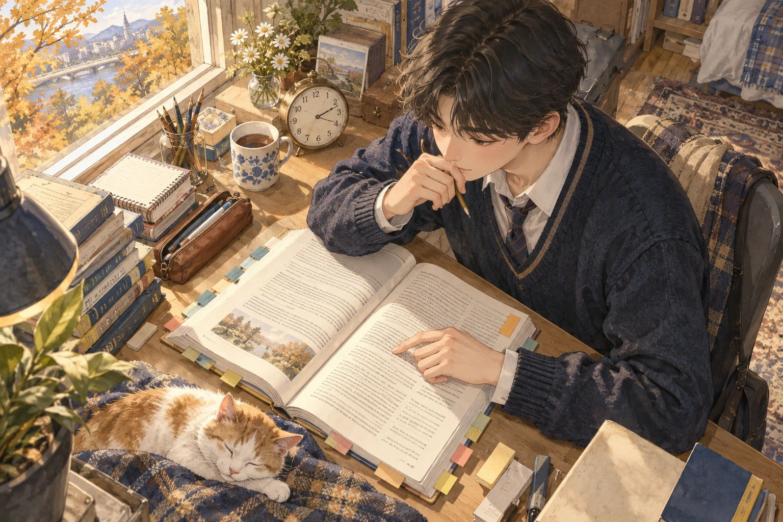 시계와 지문을 함께 확인하며 제한 시간 안에 독해하는 학생의 책상