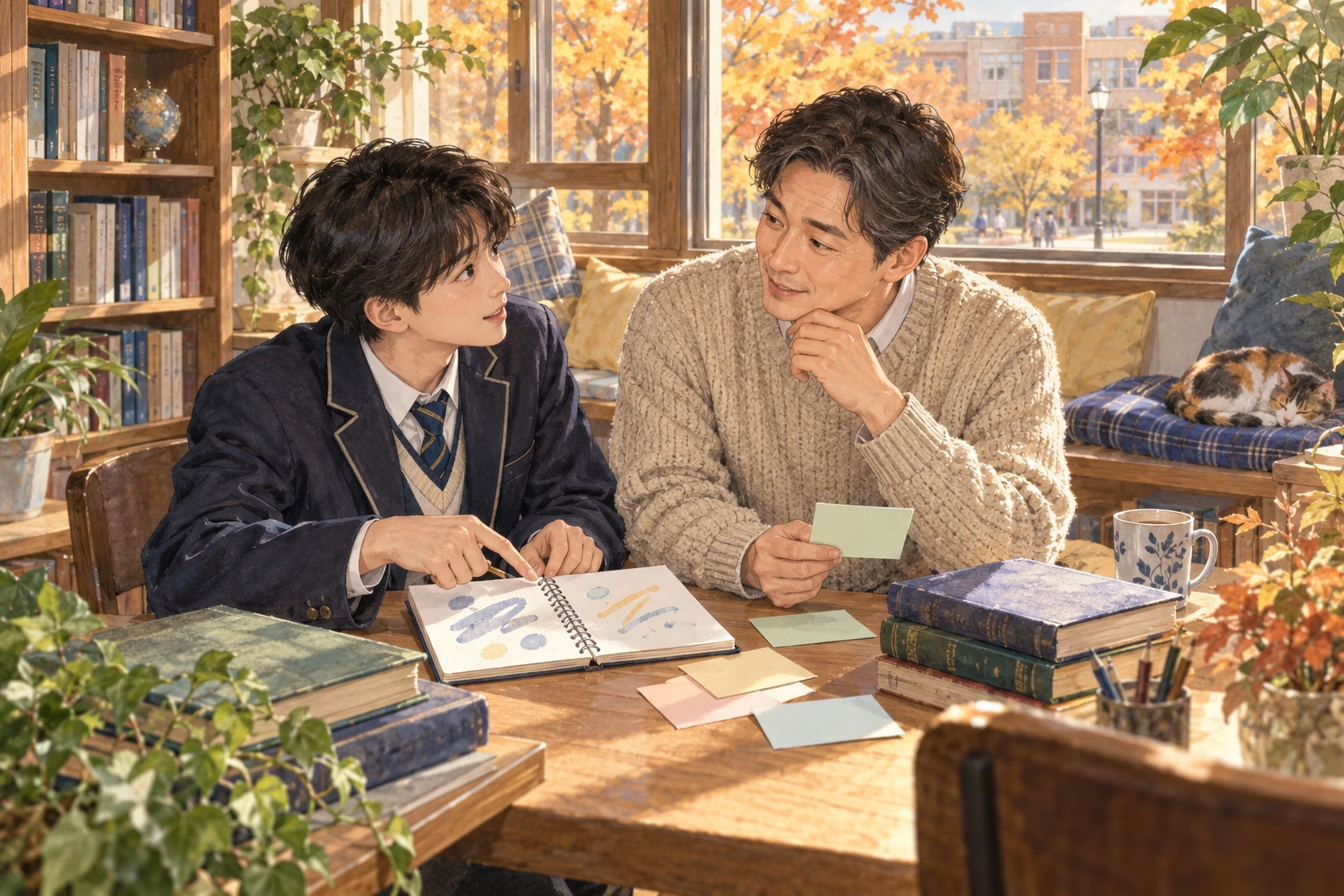 도서관에서 복습 노트를 펼쳐 궁금한 점을 함께 이야기하는 학생과 아버지