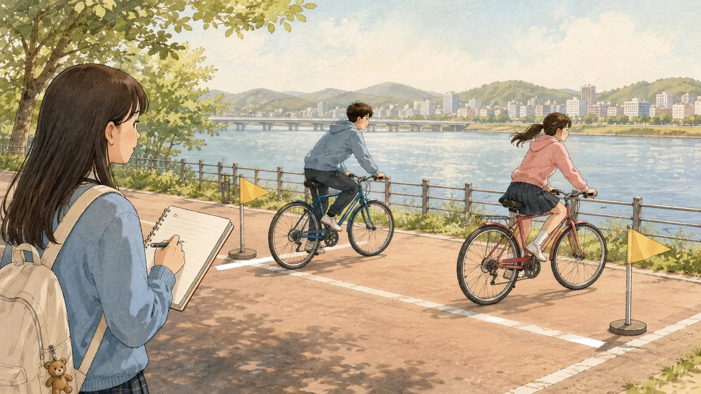 같은 출발선의 두 자전거를 비교하는 강변