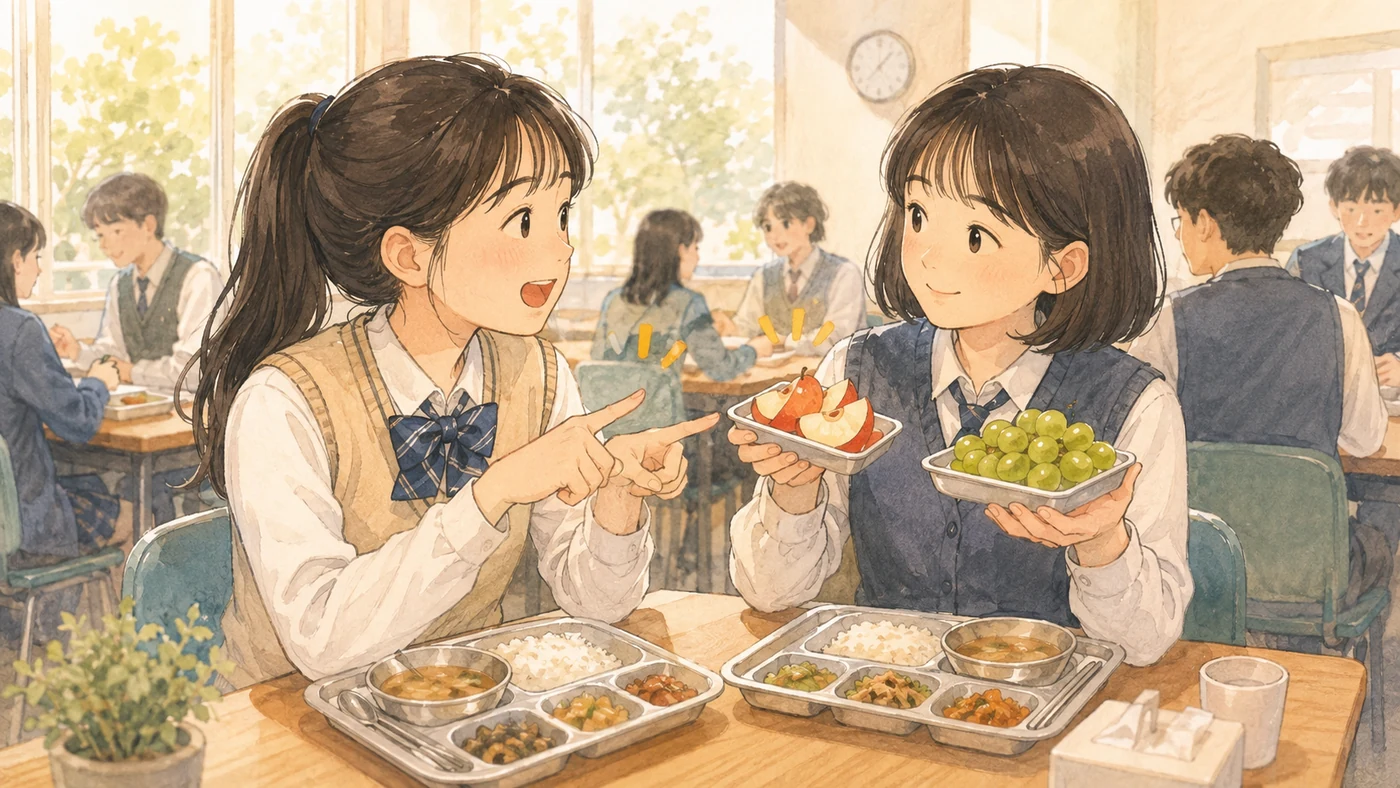 과일과 과일을 맞춰 비교하는 급식실