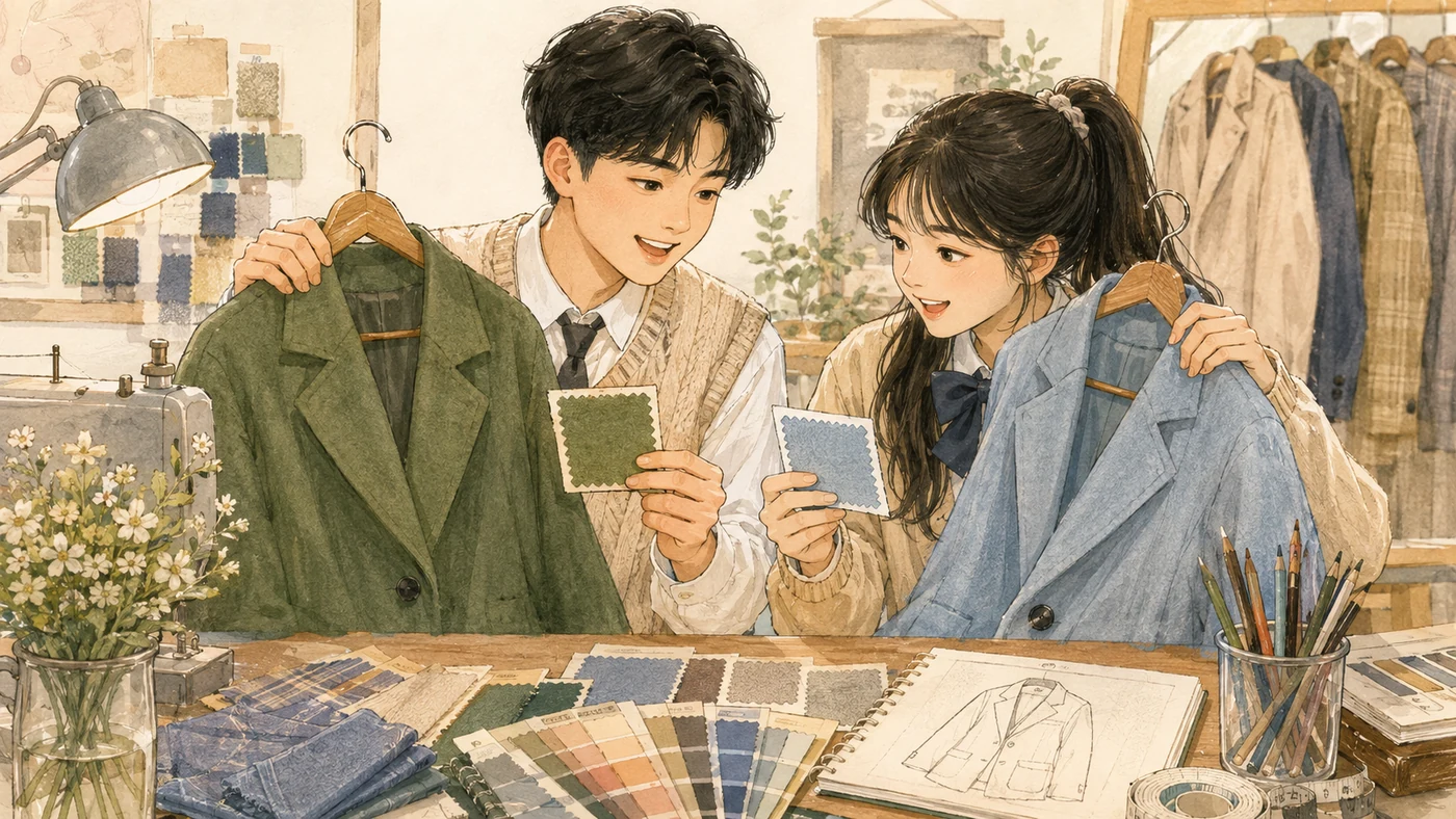 두 코트의 색을 같은 천 조각으로 비교하는 작업실