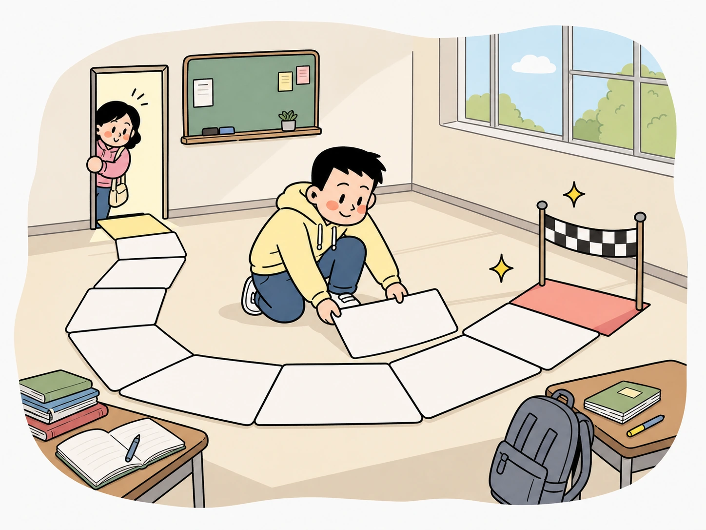첫 주 교실에서 지문 구조를 큰 종이에 정리합니다.