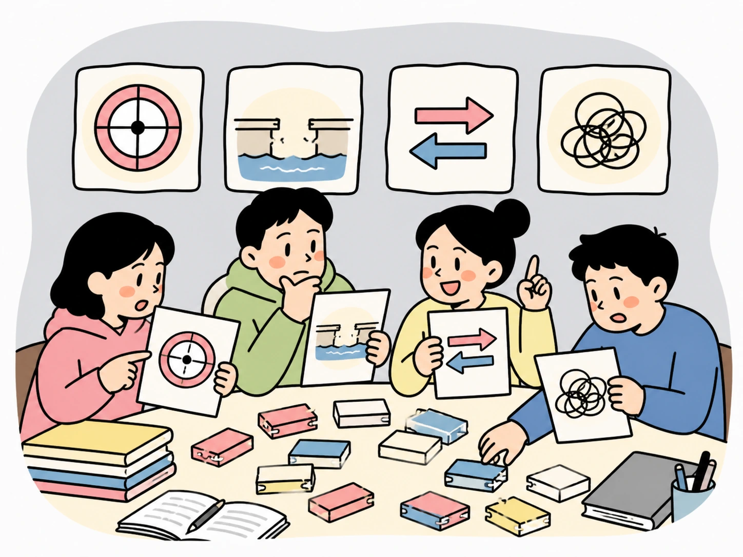 서로 다른 오답 함정을 표정과 색으로 구분합니다.