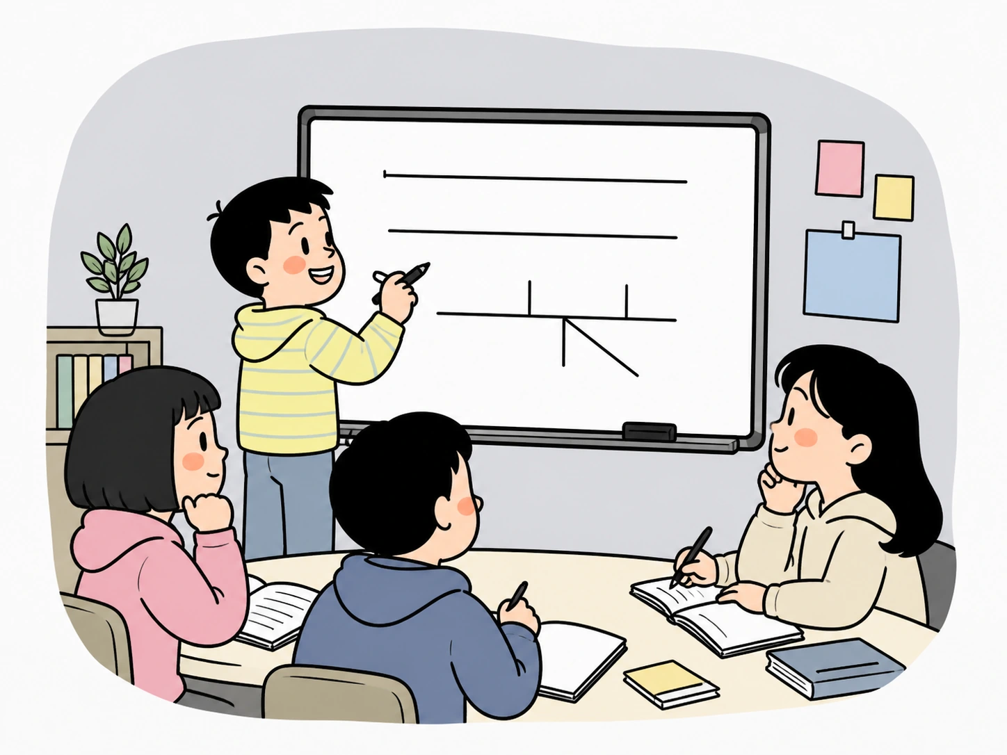 화이트보드에 근거 문장을 다시 쓰는 장면입니다.
