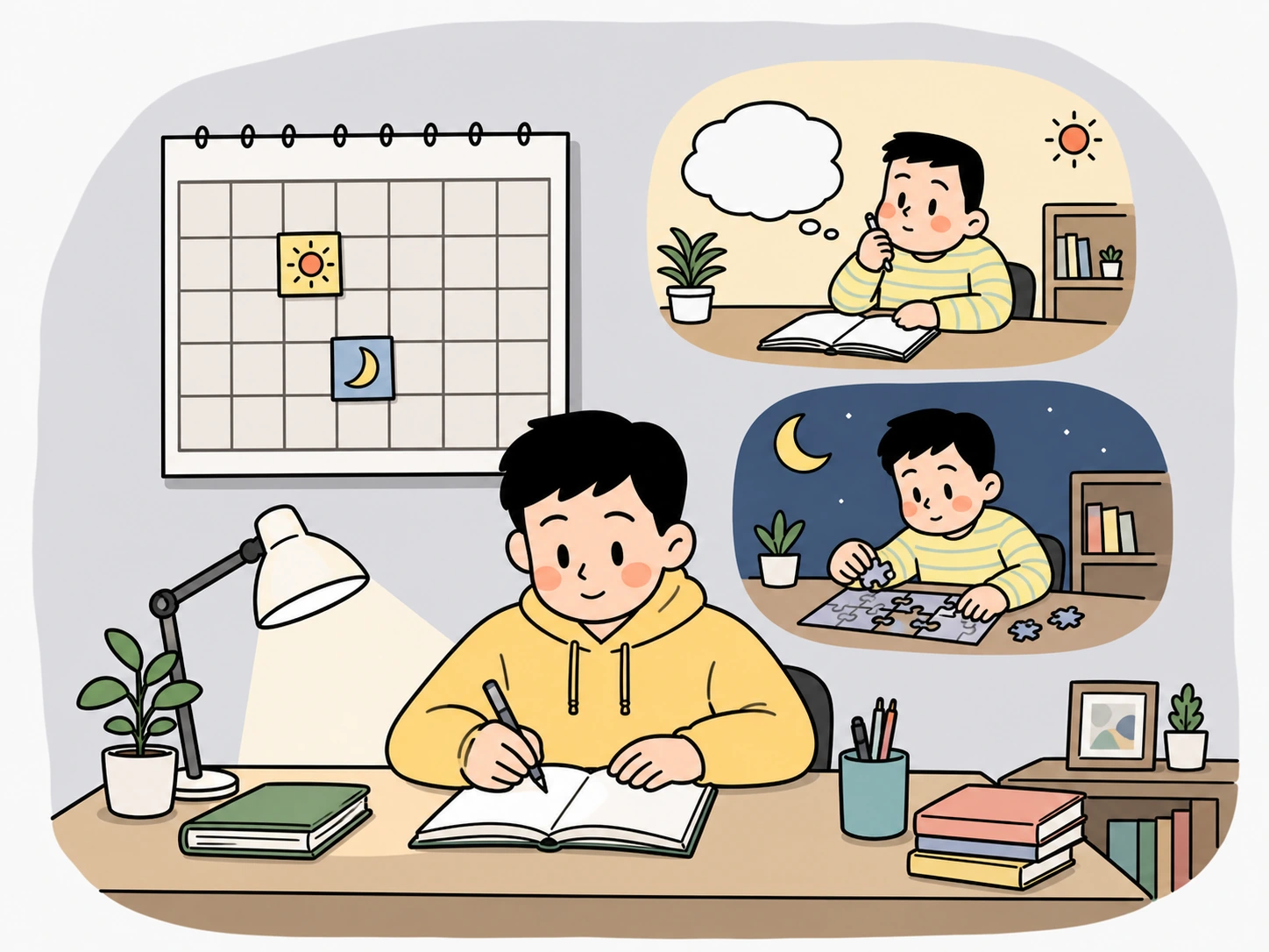 주간 달력에 두 번의 짧은 복습 시간을 고정합니다.