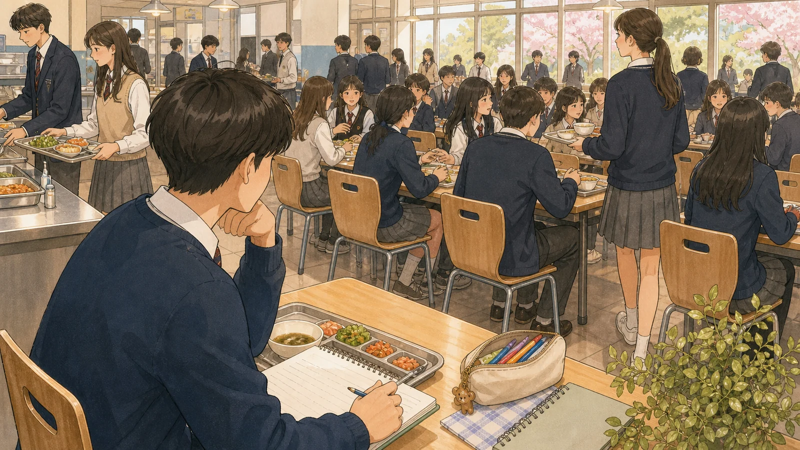 급식실 장면에서 보이는 동작을 관찰하는 학생