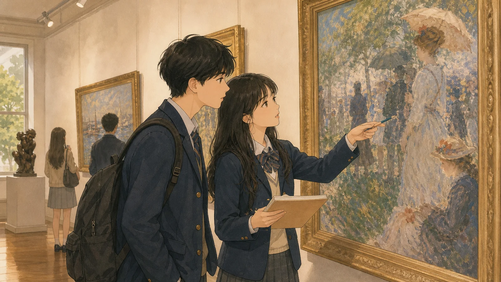 미술관 그림의 앞뒤 인물을 비교하는 학생들