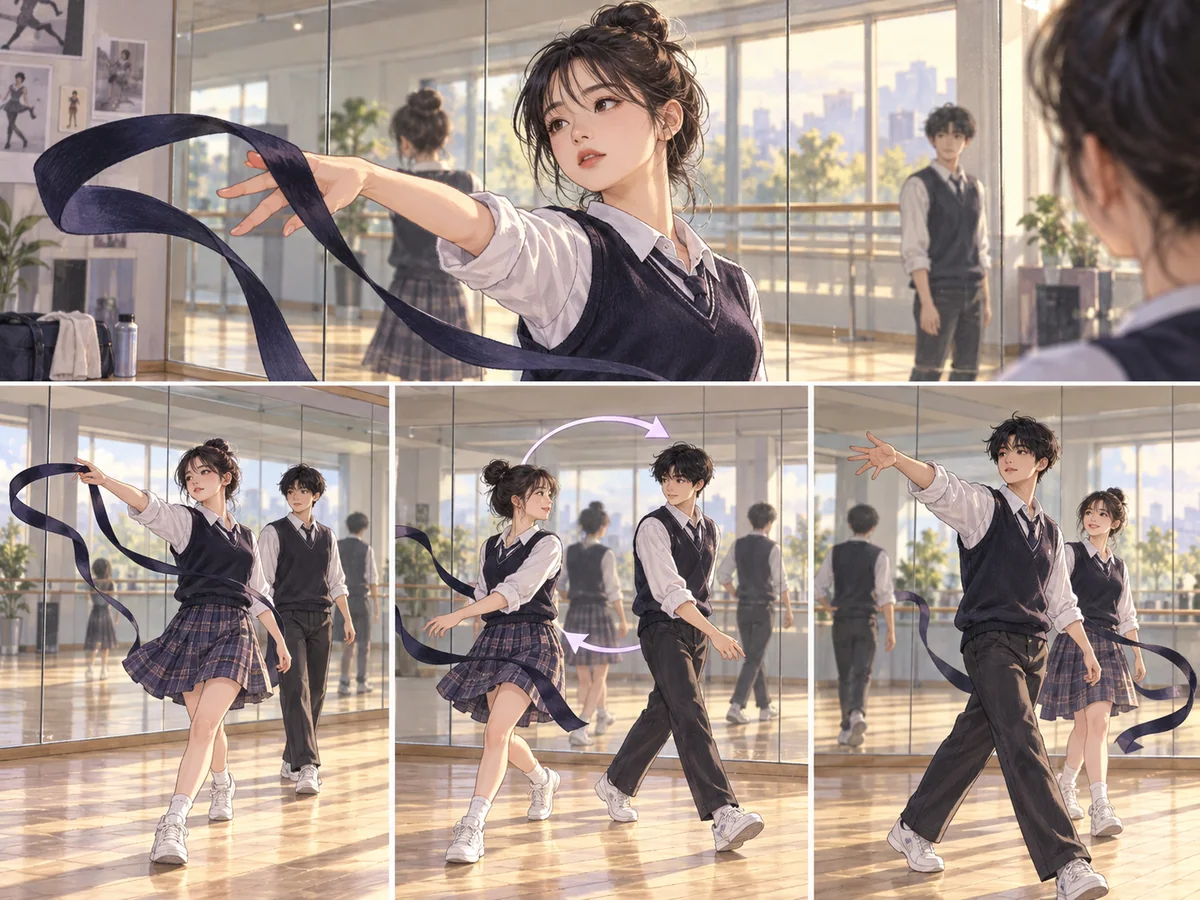 무용실에서 앞의 리본과 두 인물의 순서를 비교하는 장면