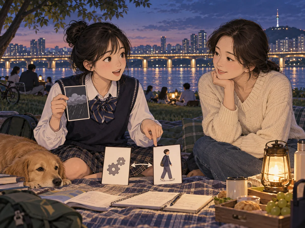 강가에서 학생이 도치 판정 과정을 부모에게 카드로 설명하는 장면