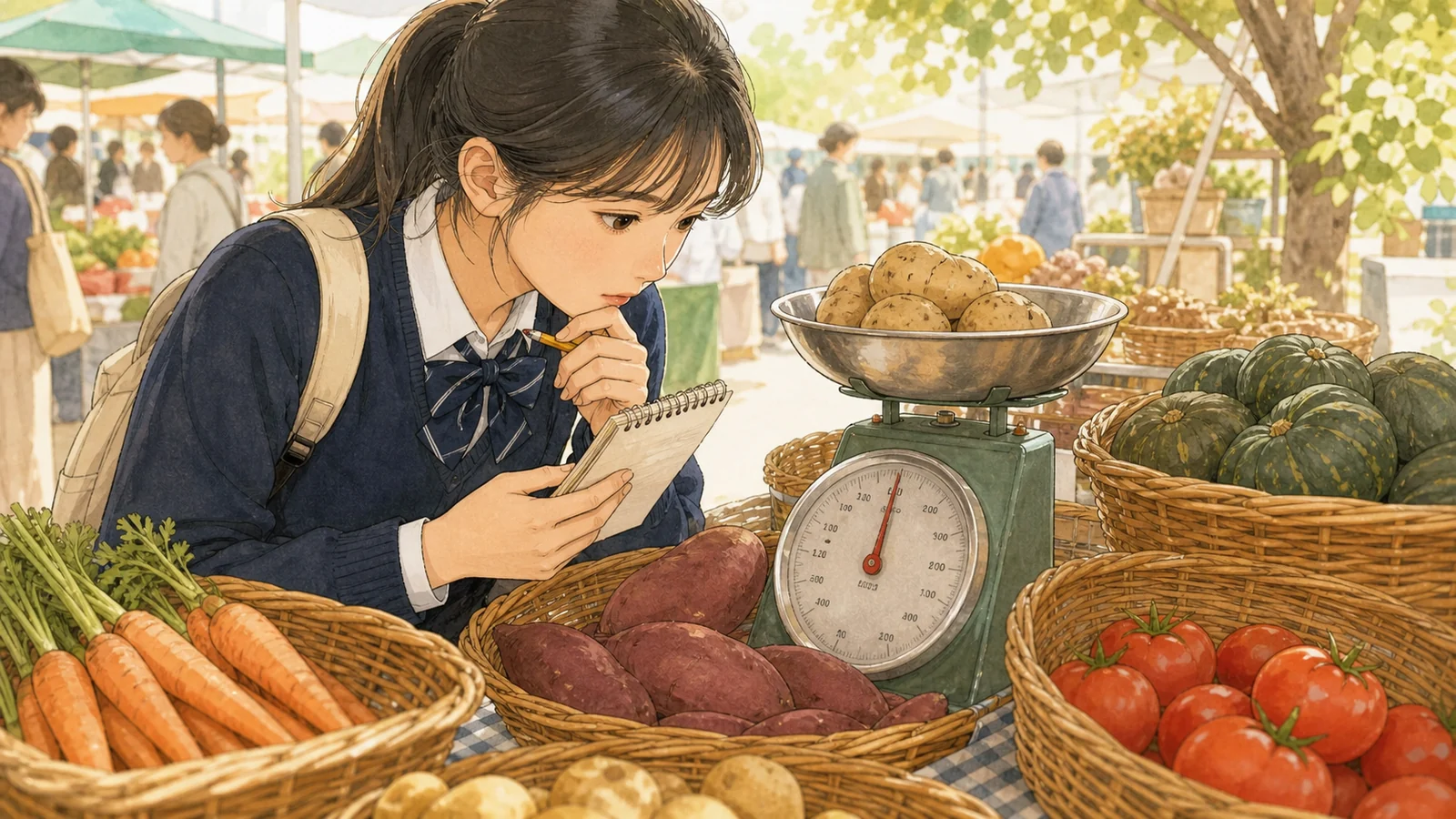 시장 저울 앞에서 서로 다른 단위를 비교하는 학생