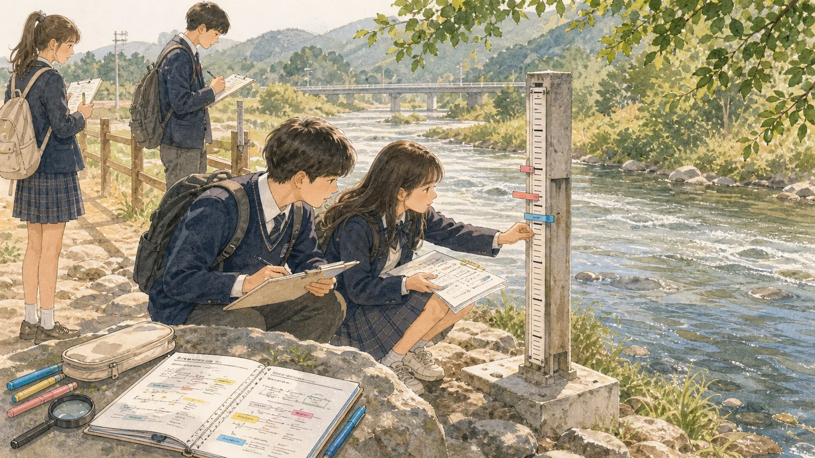 강가 수위 표지에서 두 시점의 증감을 확인하는 학생