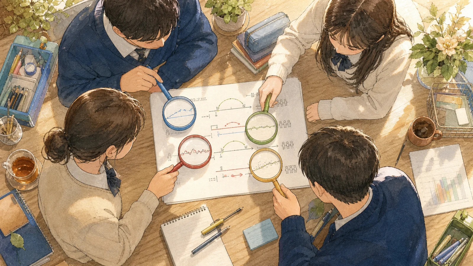 네 개 회전 렌즈로 표를 검산하는 사진박스 장면