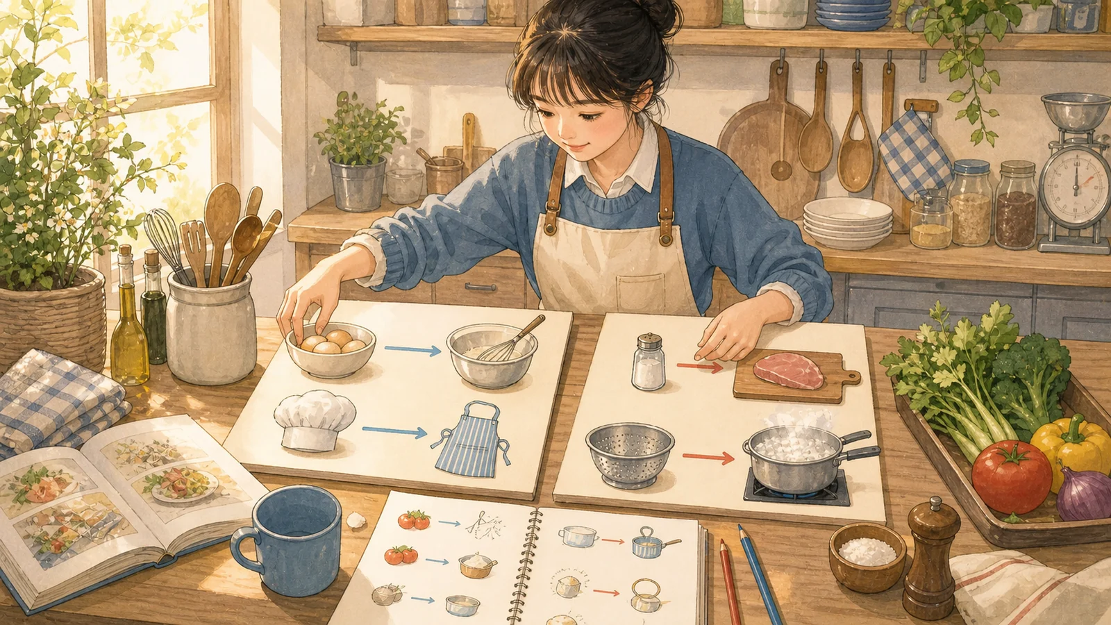 요리 교실에서 재료와 도구의 관계를 연결하는 학생