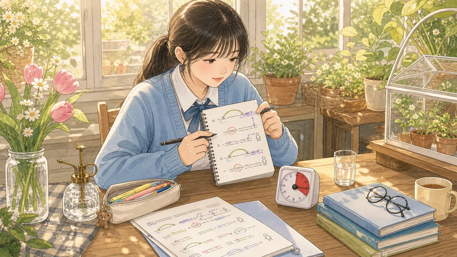 온실에서 25분 복습을 마치는 학생