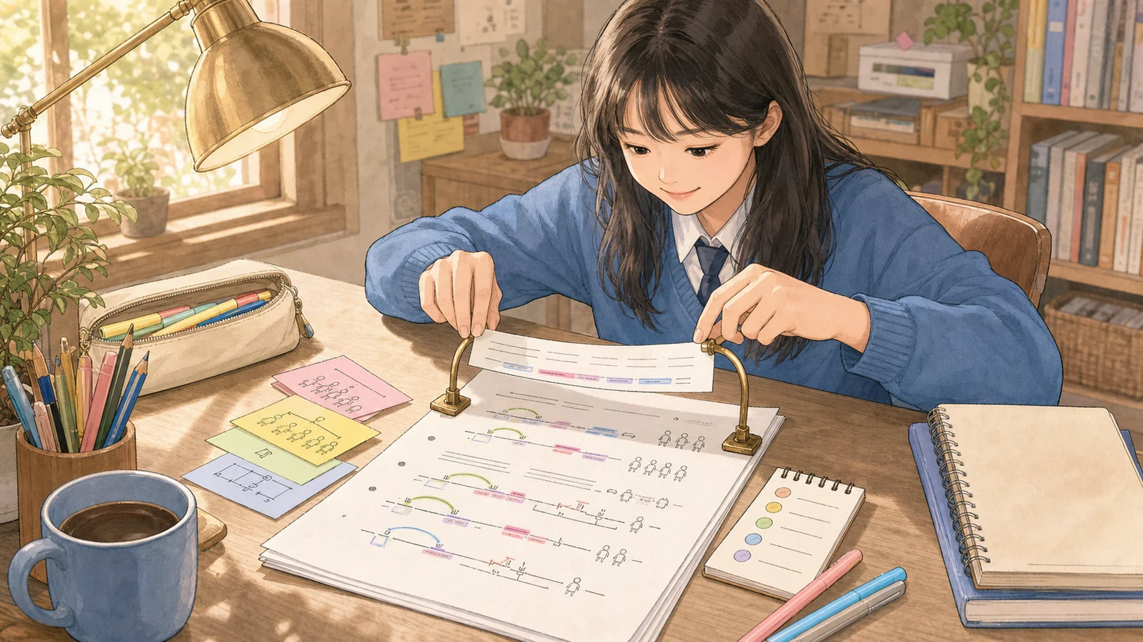 편집실에서 괄호로 삽입구를 묶는 학생