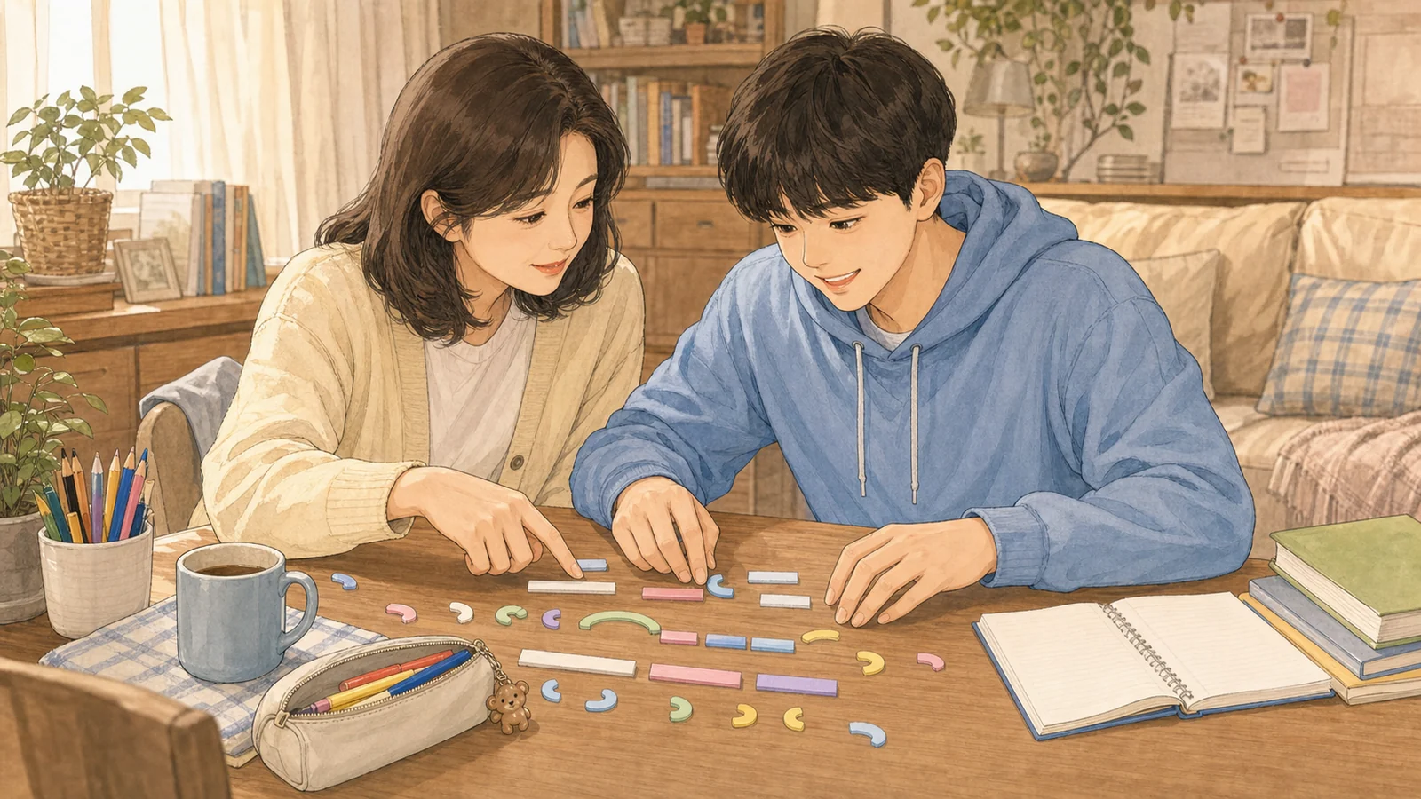 가정에서 자석 단어로 두 뼈대를 설명하는 학생