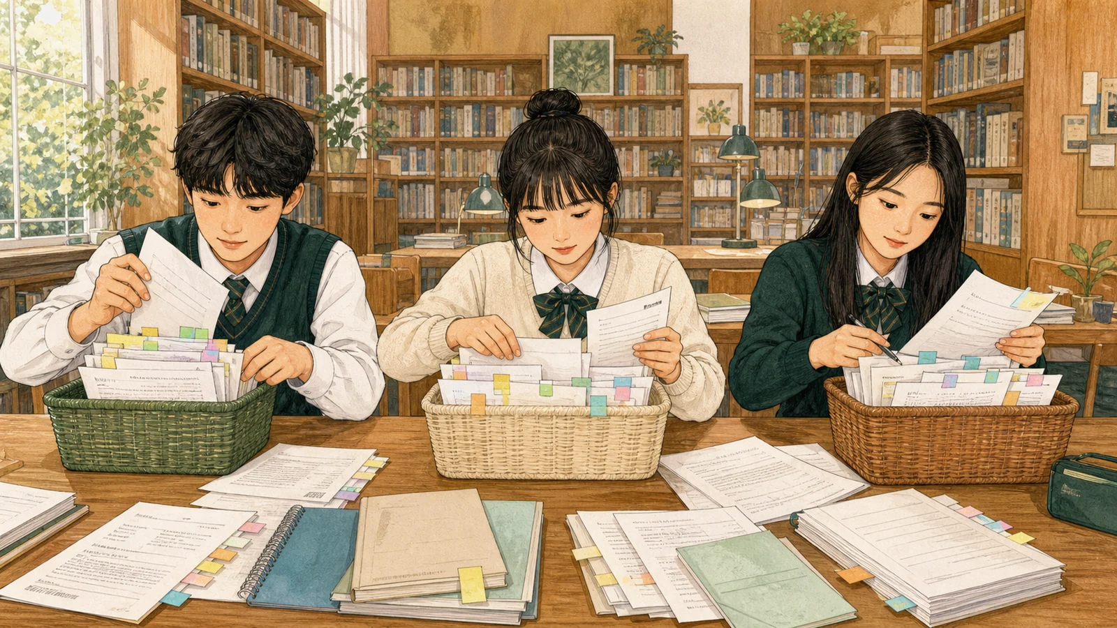도서관에서 서로 다른 자료를 바구니별로 분류하는 학생들