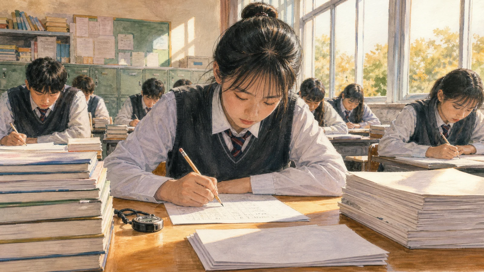 실전 점검에서 자료 더미를 나누고 시간을 재는 학생