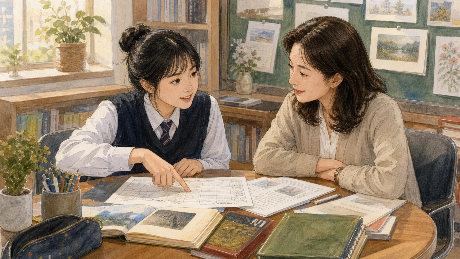 교사 앞에서 범위와 공부 행동을 말로 설명하는 학생