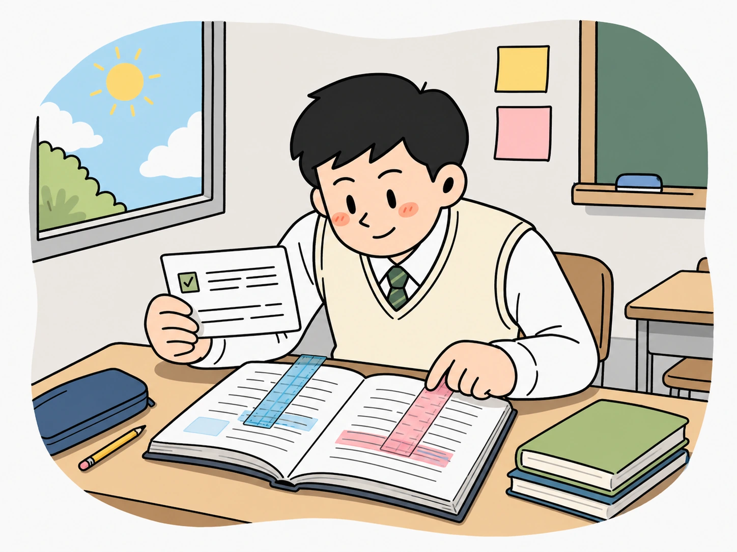 교실에서 진술 카드와 원문 근거를 맞추는 장면처럼 한 요소씩 대조합니다.