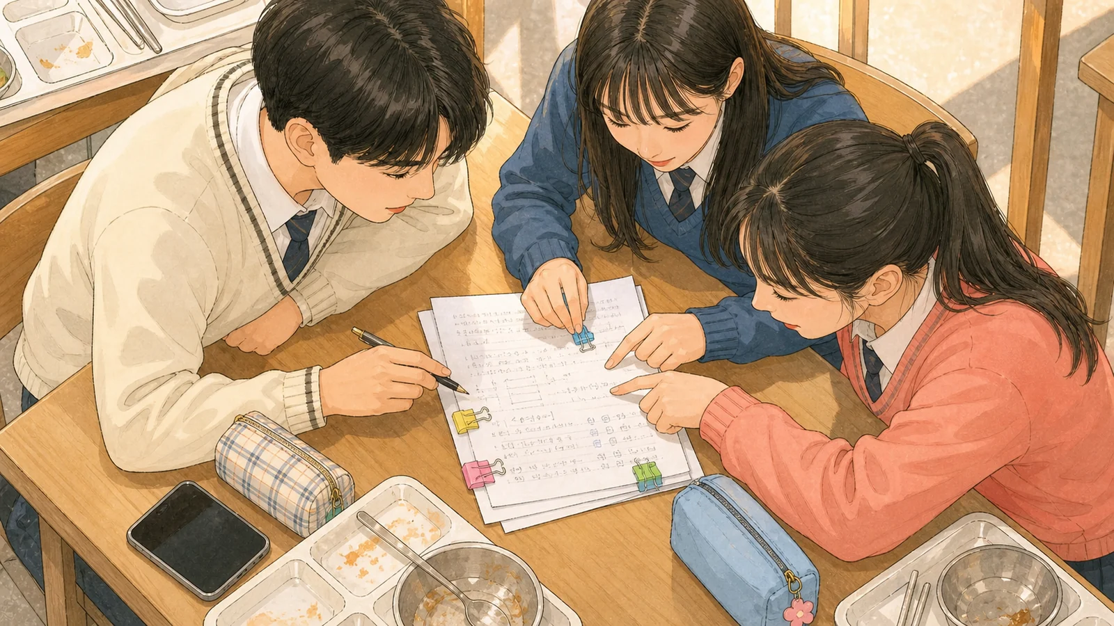 온실 작업대에서 네 조건과 답안을 연결하는 사진박스 장면
