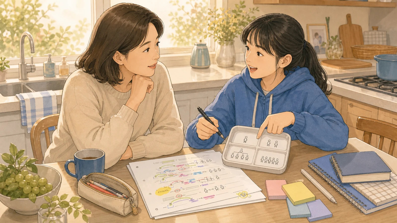 거실에서 검산 순서를 설명하는 학생과 학부모