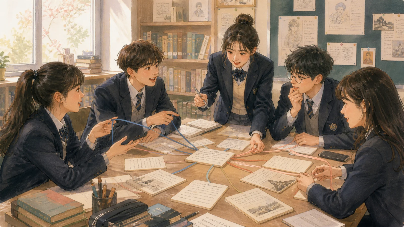 세미나에서 주장 근거 반론 카드를 실로 연결하는 학생들