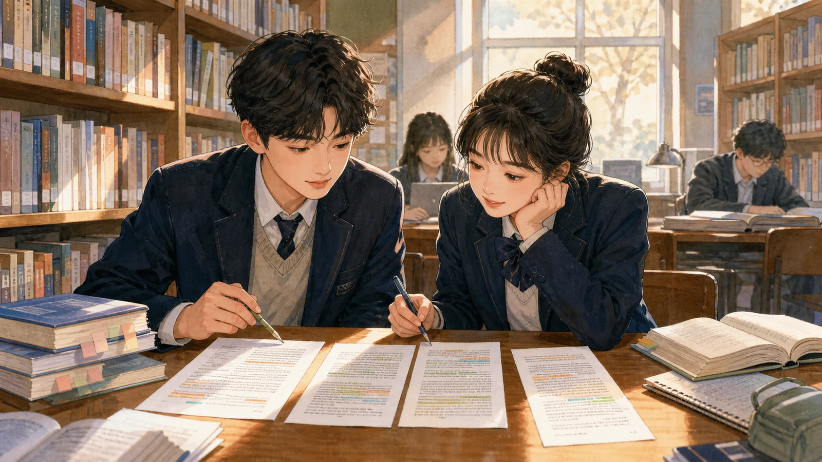 도서관에서 여러 근거 자료를 비교하는 학생들