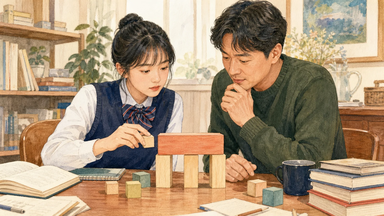 가정에서 나무 블록으로 주장과 근거를 점검하는 학생과 학부모