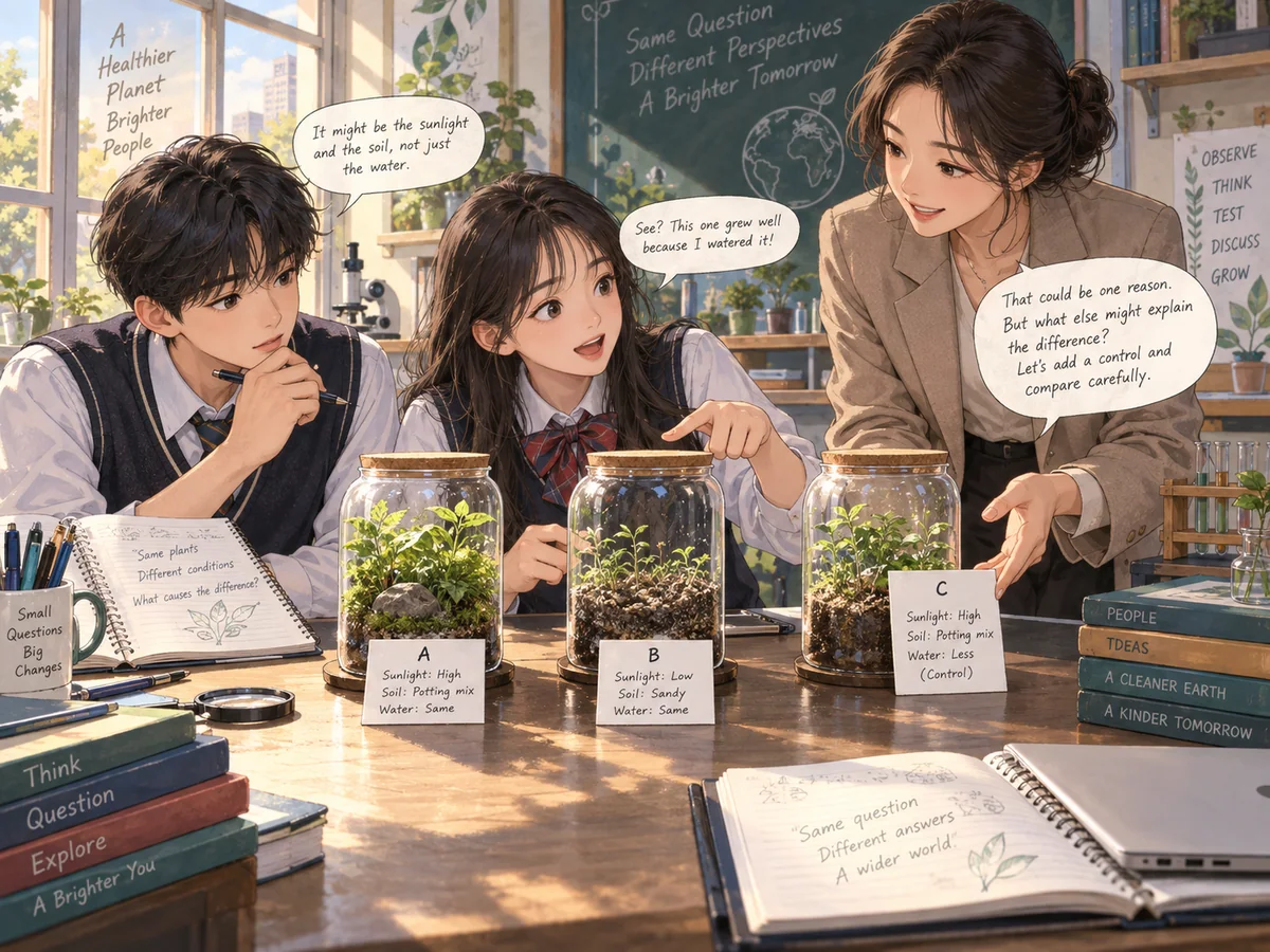 온실에서 작은 기회가 누적되는 식물을 보는 학생
