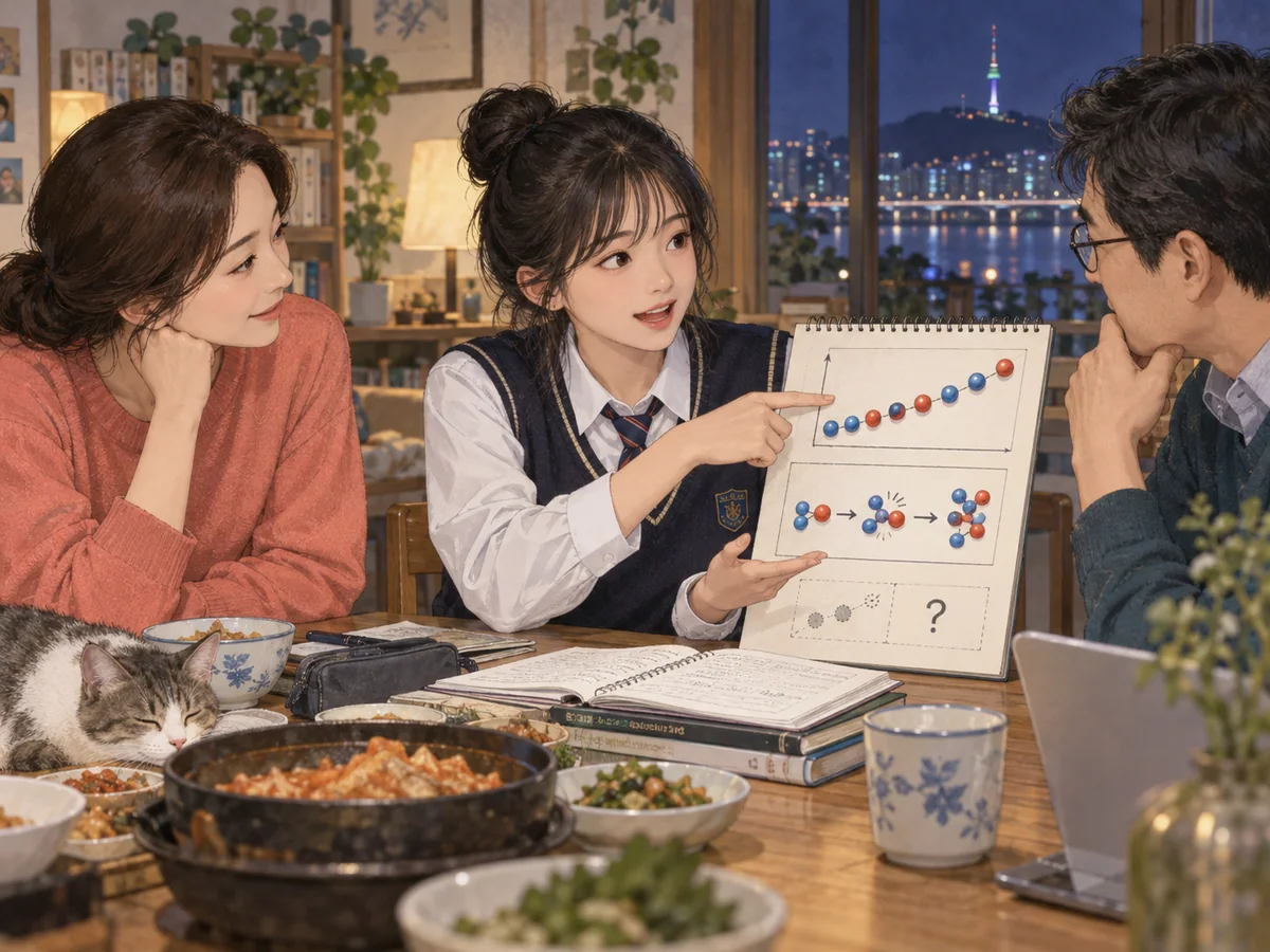 주방에서 과일과 도미노로 인과를 설명하는 가족