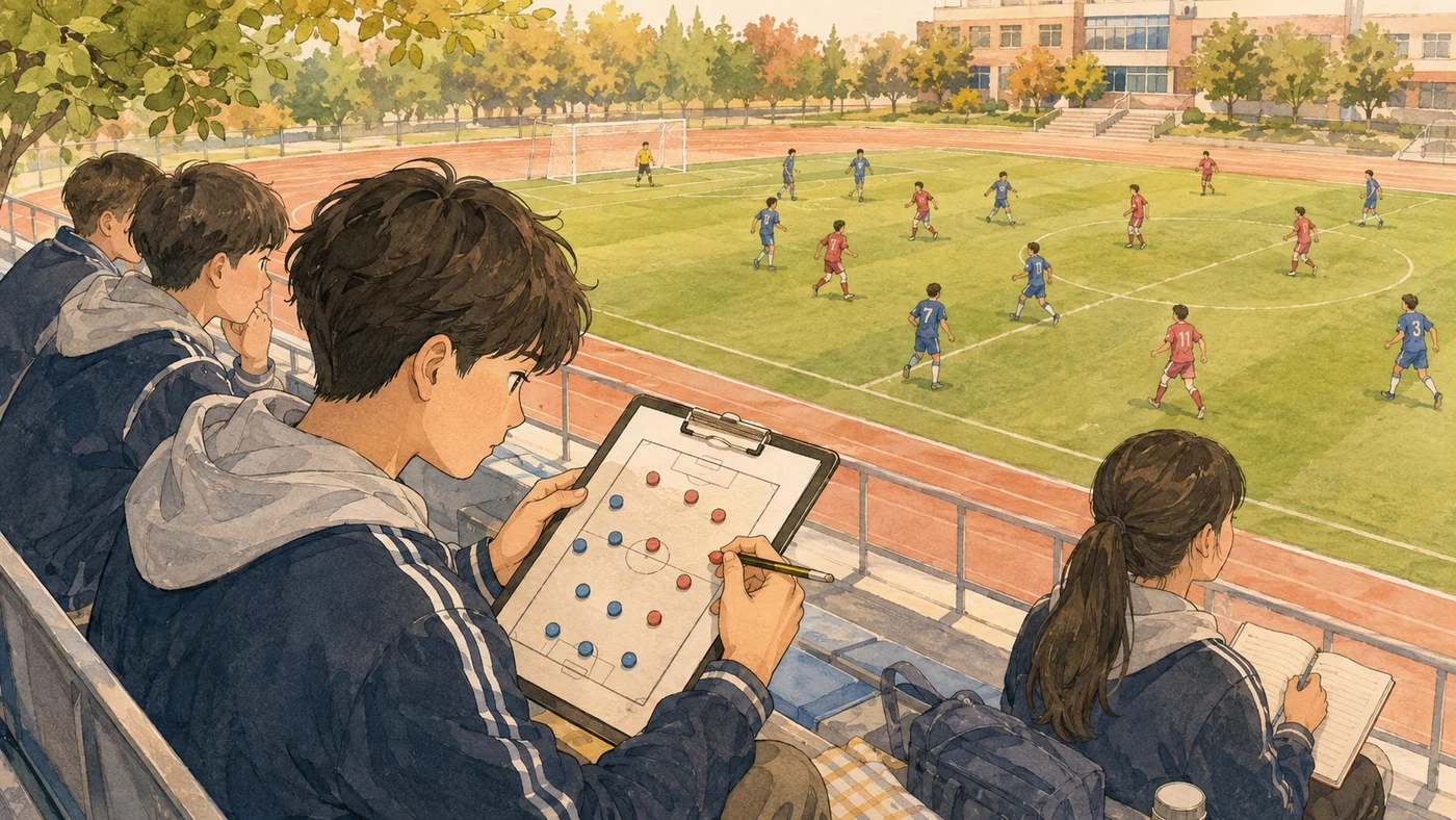 관중석에서 선수와 역할을 지도화하는 학생