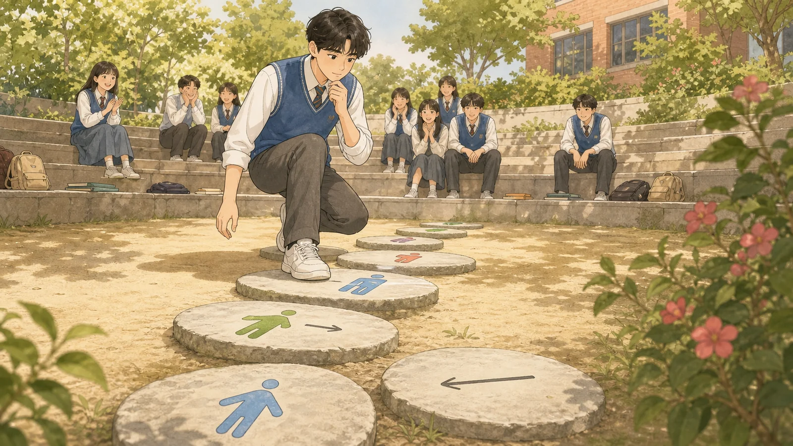 기차역 두 승강장에서 관계절과 강조구문을 비교하는 학생들