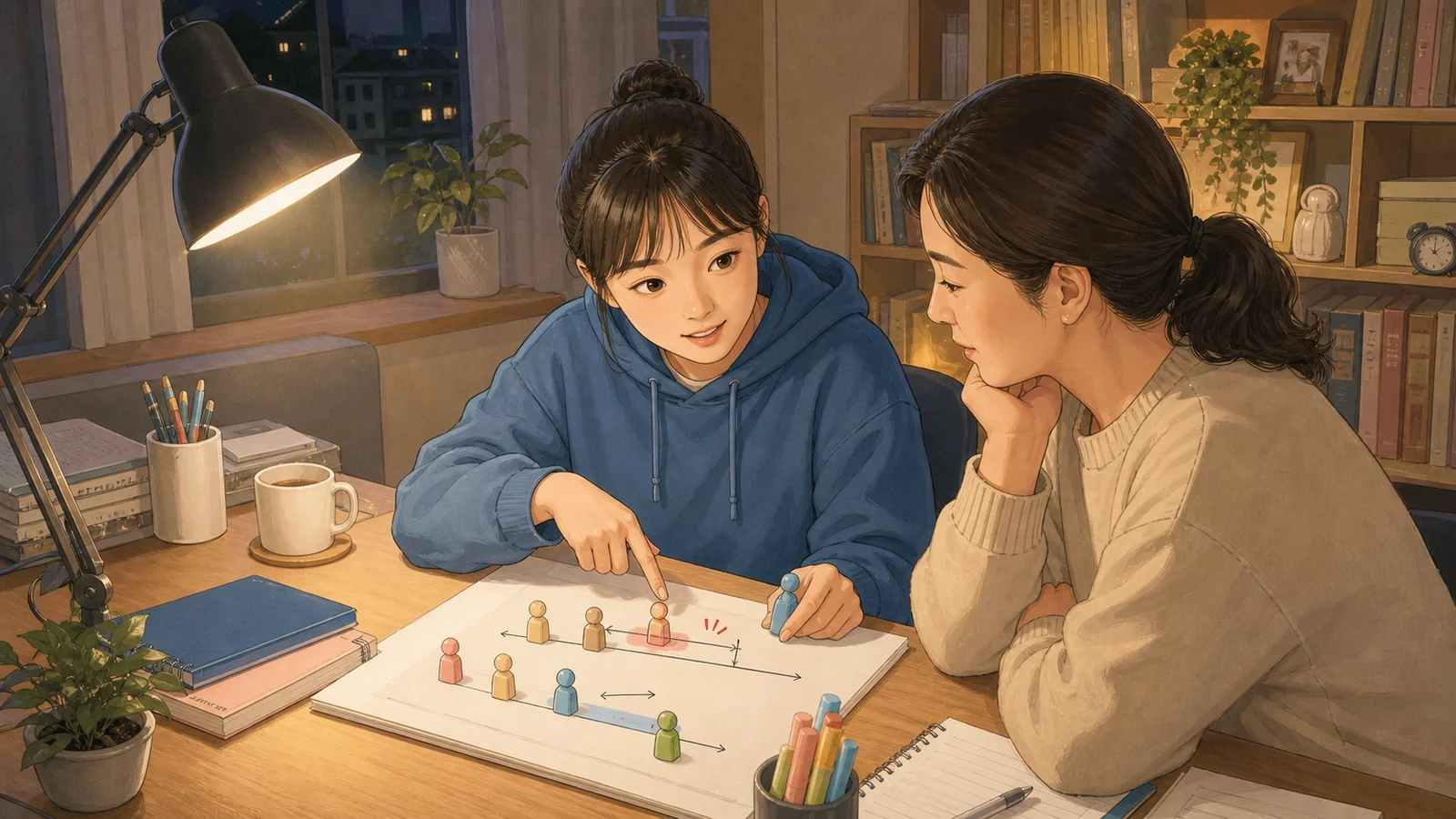 거실 자석 문장으로 원래 어순을 설명하는 학생과 학부모