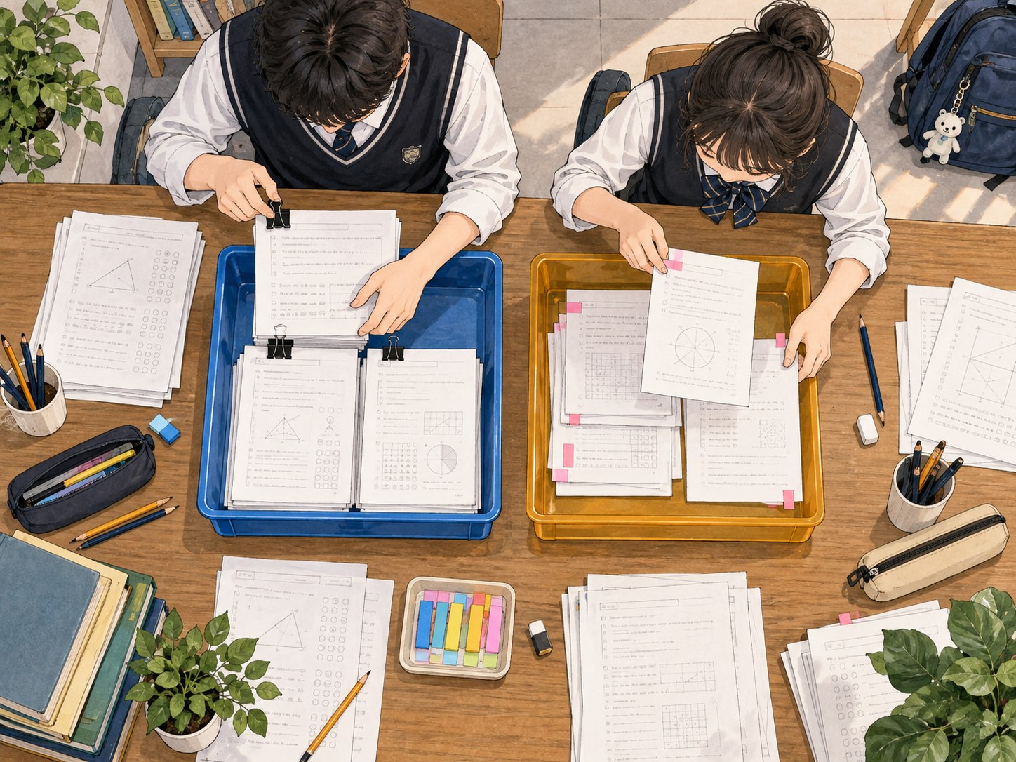 학생들이 파란 상자와 노란 상자에 확인된 자료와 공지 대기 자료를 나누는 모습