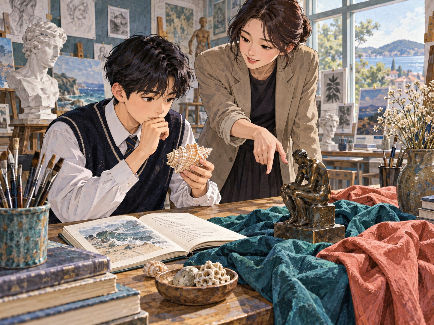 조개 조각 천과 그림을 비교하며 감각 이미지를 분석하는 학생과 교사