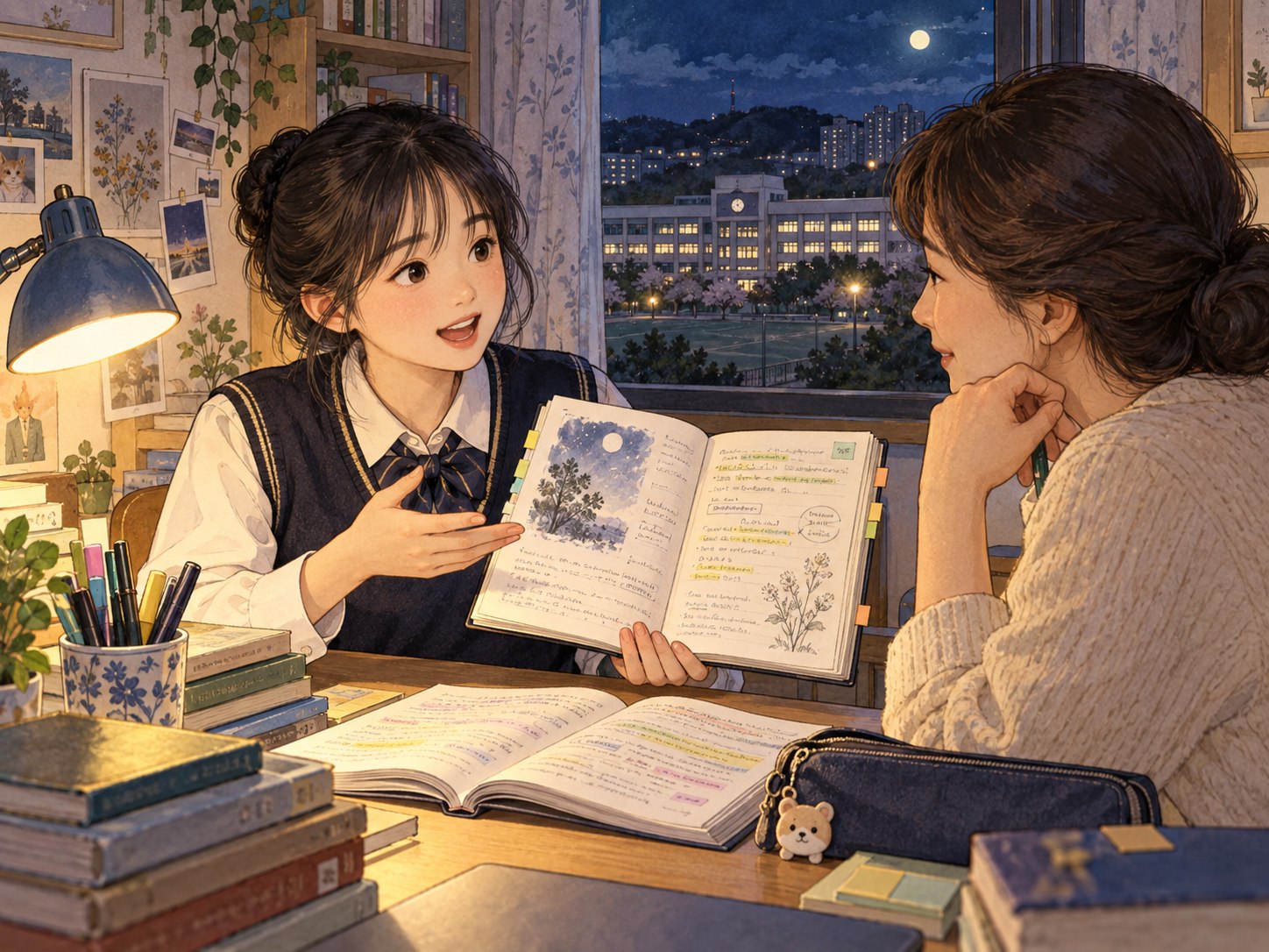 학생이 학부모에게 영미문학 작품의 근거와 판단 과정을 설명하는 저녁 공부 장면