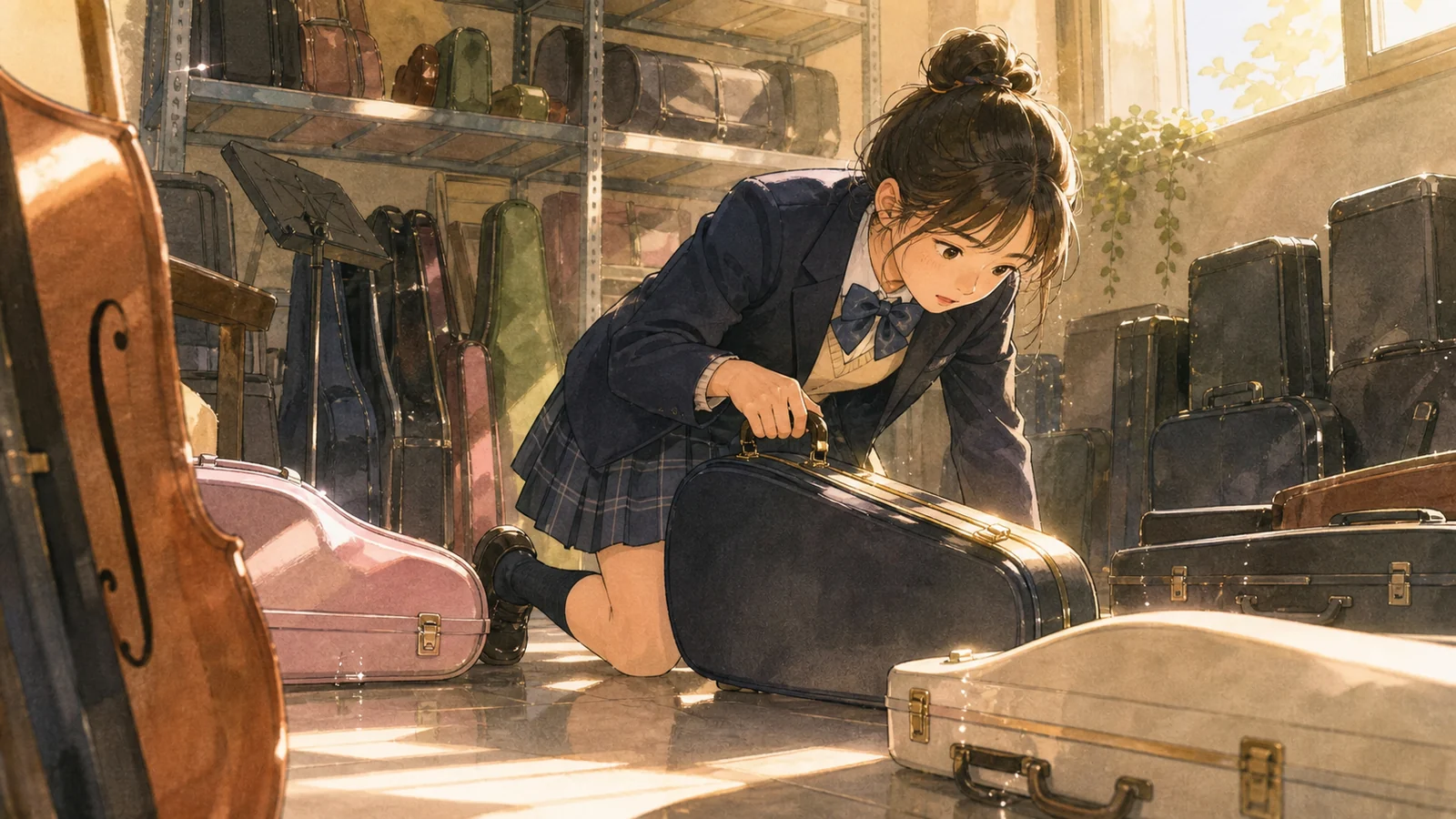 악기 보관실에서 잘못 놓인 형용사를 찾는 학생
