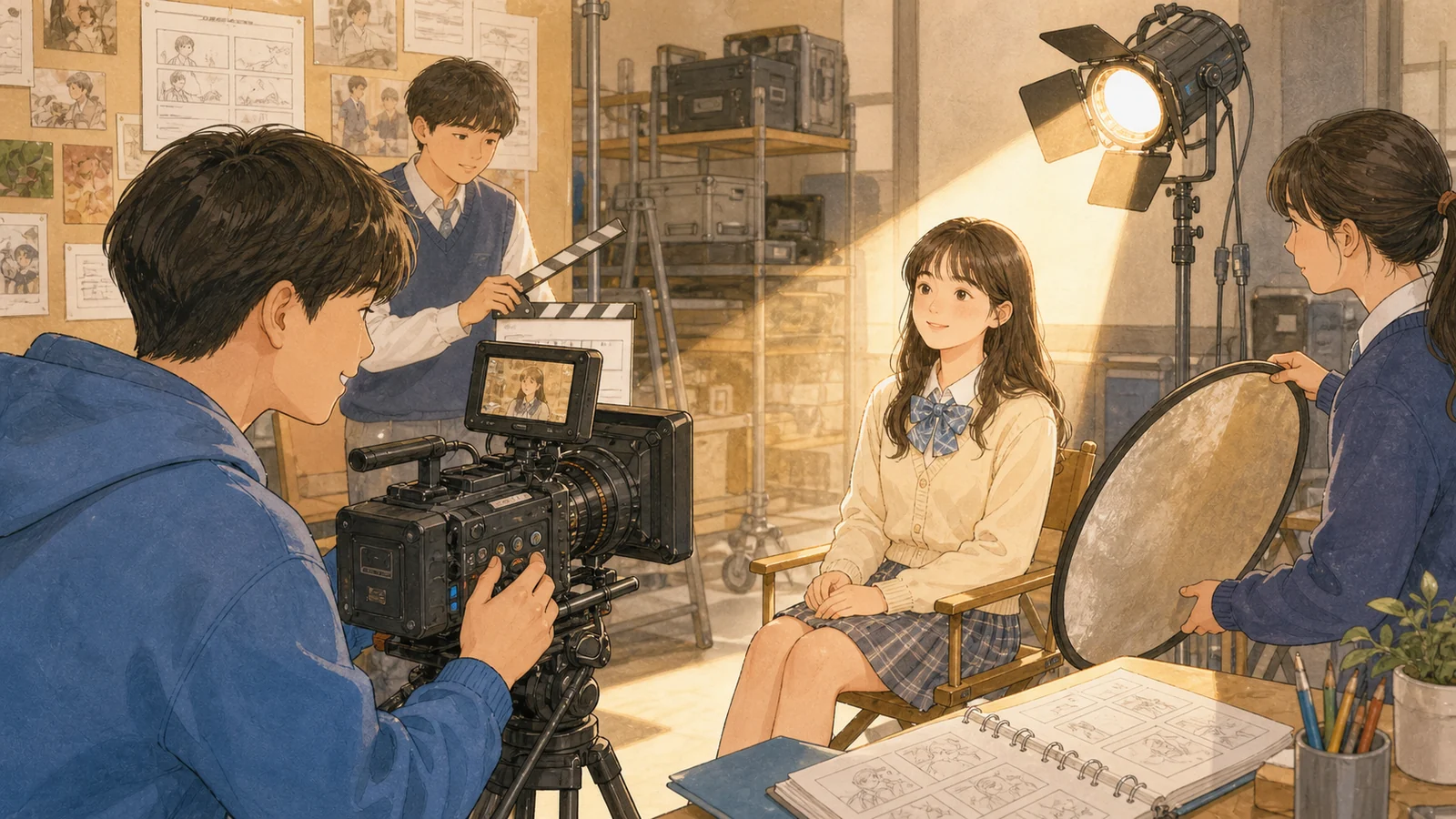 영화 촬영장에서 능동과 수동 역할을 바꾸는 장면