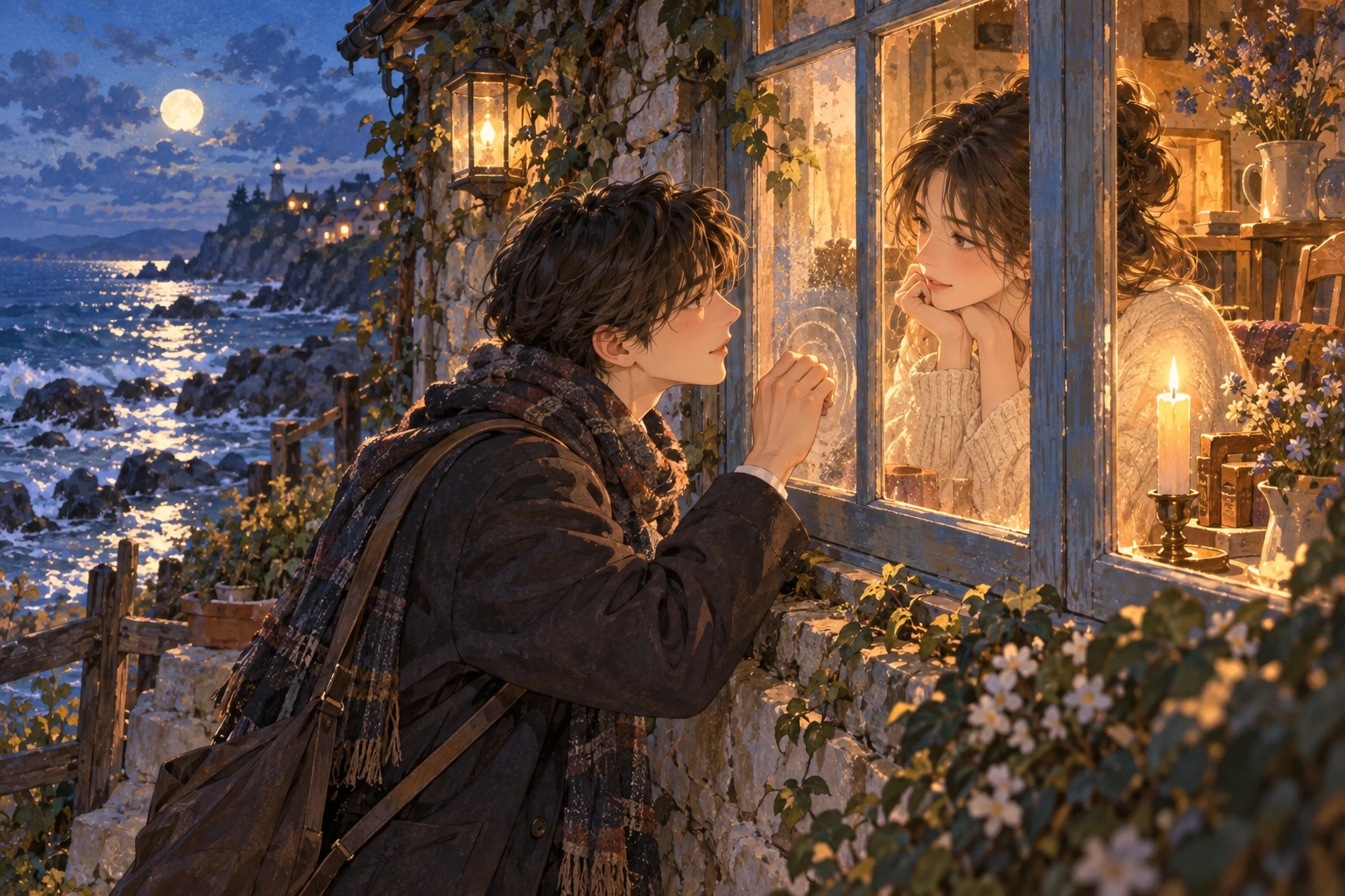 달빛 해변의 작은 창을 사이에 두고 서로의 소리에 귀 기울이는 두 사람