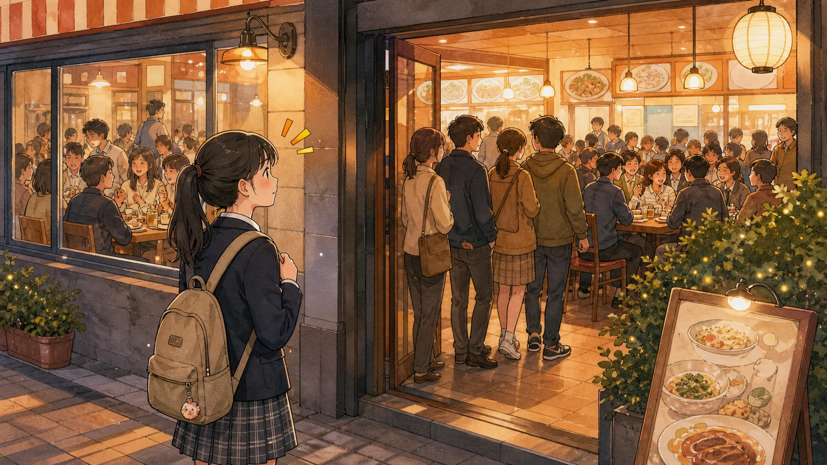 사람들이 많은 식당 앞에서 한 학생이 crowd effect를 관찰하는 손그림 장면