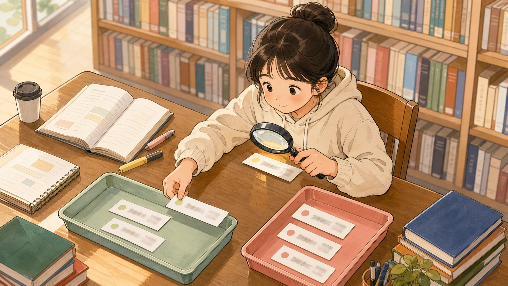도서관에서 학생이 어법 선택지를 색깔별로 분류하며 오답 유혹을 걸러내는 장면
