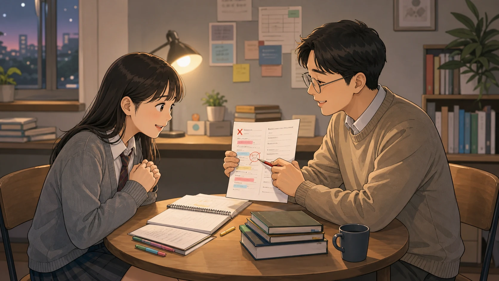 학원 상담실에서 선생님과 학생이 과천외고 영어 1번 오답 원인을 정리하는 장면