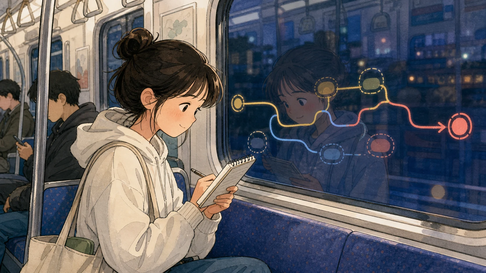 지하철에서 학생이 과천외고 영어 어법 오답을 20분 복습하는 손그림 장면