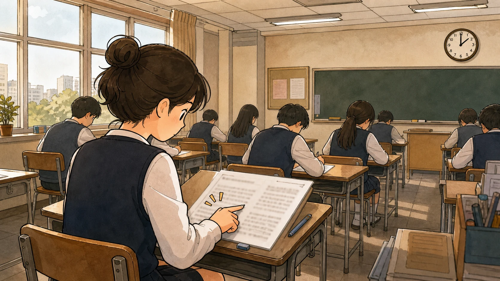 시험장에서 학생이 답을 고르기 전 주어와 동사를 다시 확인하는 장면