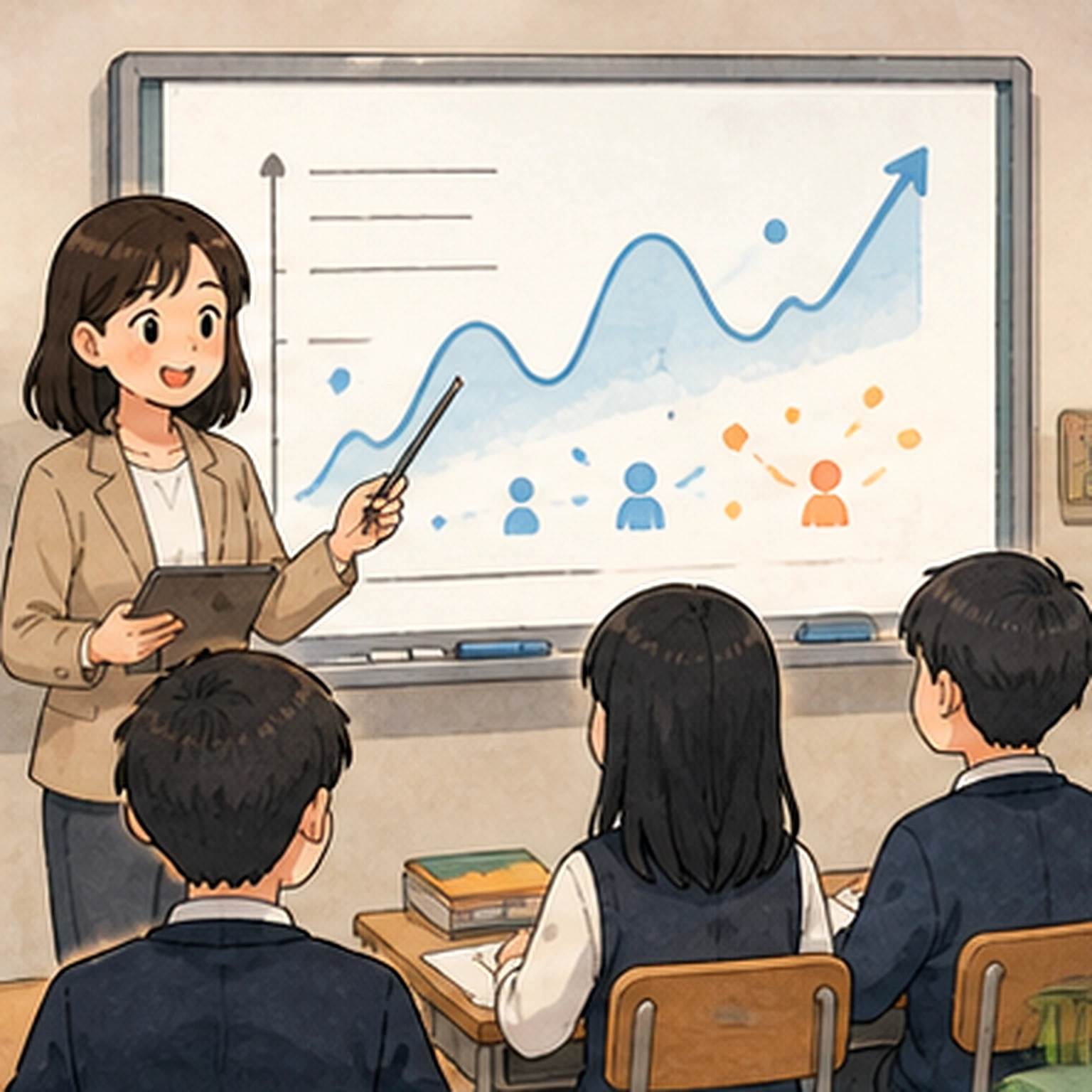 교실에서 선생님이 읽을 수 없는 추상 그래프를 가리키며 확산 방향을 설명하는 손그림 장면